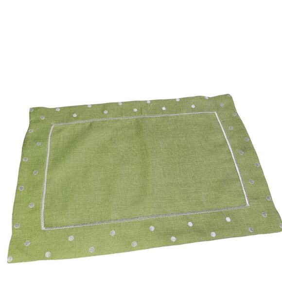 Green Placemats Set of 8 Polka Dot Border Machine Washable 12x17 Poliviscose New - Picture 3 of 10